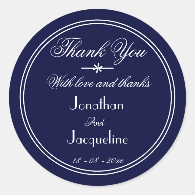 Classic Thank You Custom Names Navy Blue Wedding Classic Round Sticker (Front)