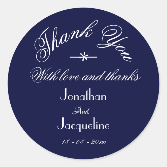 Classic Thank You Custom Names Navy Blue Wedding Round Sticker (Front)