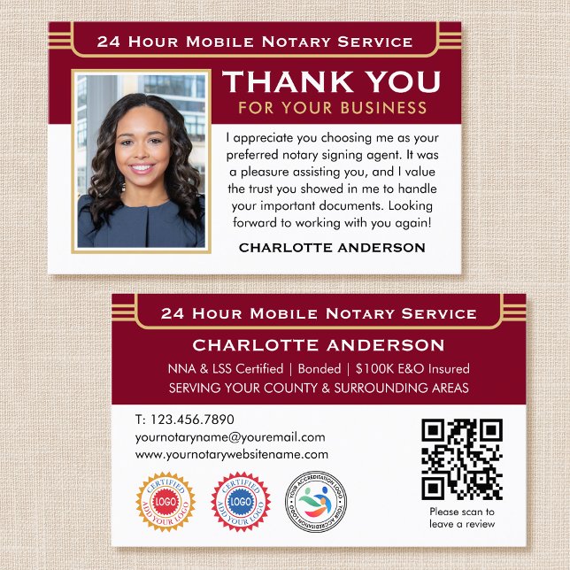Classic Thank You Notary Public Burgundy Red Business Card (Creator Uploaded)