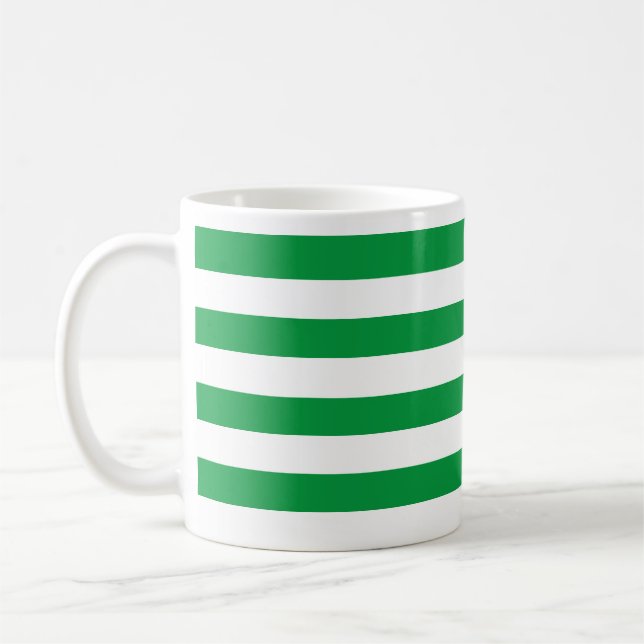 Classic Thick Green and White Horizontal Striped  Coffee Mug (Left)