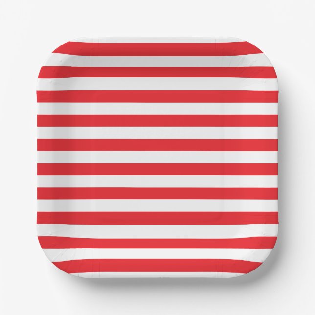Classic Thick Red and White Horizontal Striped  Paper Plate (Front)