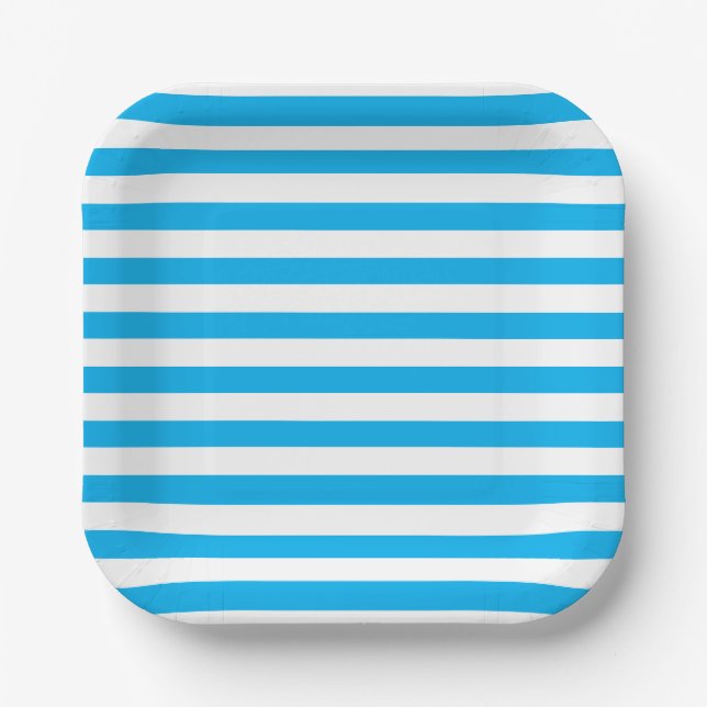 Classic Thick Sky Blue & White Horizontal Striped  Paper Plate (Front)