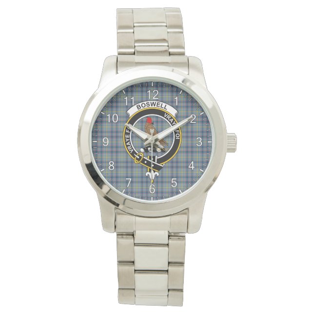 Classic Timeless Clan Boswell Tartan Badge Plaid Watch (Front)