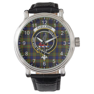 Classic Timeless Clan Clelland Tartan Badge Plaid  Watch
