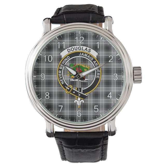 Classic Timeless Clan Douglas Grey Tartan Badge Watch (Front)