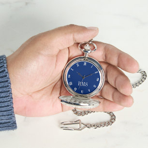Classic Timepiece Navy Blue Silver Monogram Pocket Watch