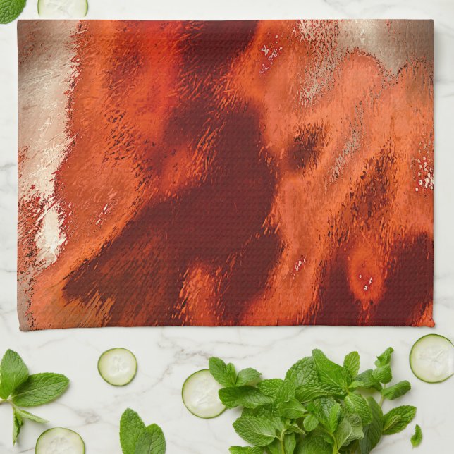 Classic to stained in shades of intense red&coral tea towel (Folded)