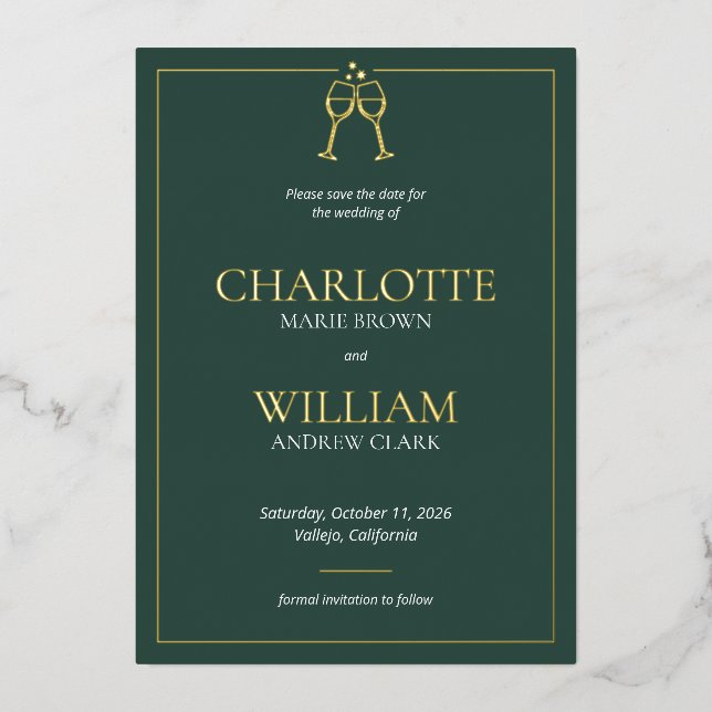 Classic toast glasses wedding save the date (Front)