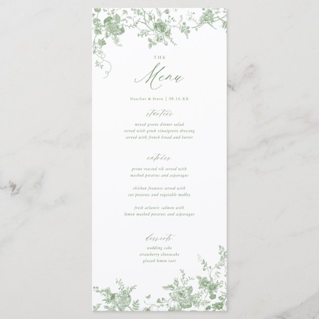 Classic Toile Green Floral Wedding Table Menu (Front)