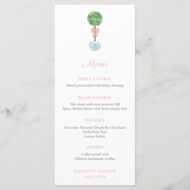 Classic Topiary Pink Bow Baby Girl Baptism Party Menu (Front)