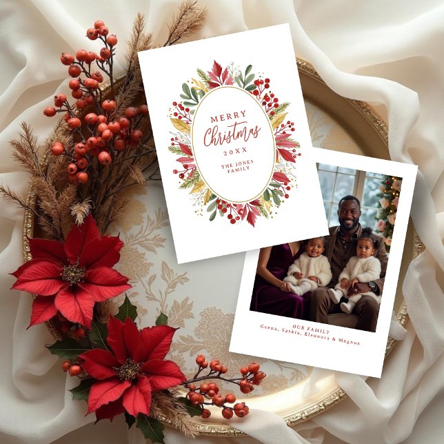 Classic Traditional Christmas Botanical Oval Frame Holiday Card (Classic Traditional Christmas Botanical Oval Frame Holiday Cards with Back Photo.)