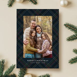 Classic traditional navy plaid two photo Christmas Holiday Card