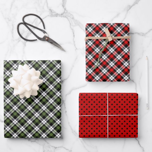 Classic Traditional Red Green Black White Gingham Wrapping Paper Sheet (Front)