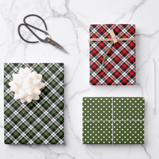 Classic Traditional Red Green Black White Gingham Wrapping Paper Sheet (Front)
