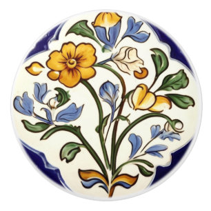 Classic Traditional Yellow Flower Blue Floral Ceramic Knob