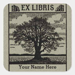 Classic Tree with Books Ex Libris Bookplate- Green Square Sticker