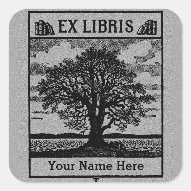 Classic Tree with Books Ex Libris Bookplate - Grey Square Sticker (Front)