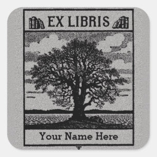 Classic Tree with Books Ex Libris Bookplate - Grey Square Sticker