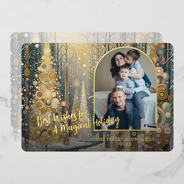 Classic Trendy Artistic Winter Wonderland Art Gold Foil Holiday Card (Front/Back)