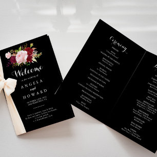 Classic Tropical Black and Burgundy Folded Wedding Programme