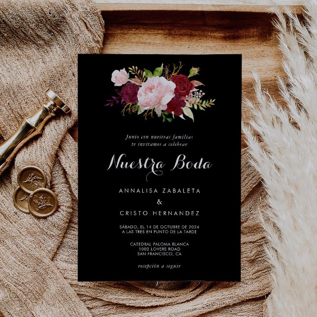 Classic Tropical Black Burgundy Spanish Wedding Invitation (Creator Uploaded)