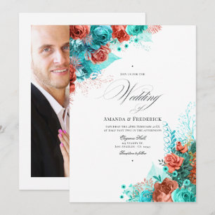 Classic Turquoise and Coral Floral Wedding Photo Invitation