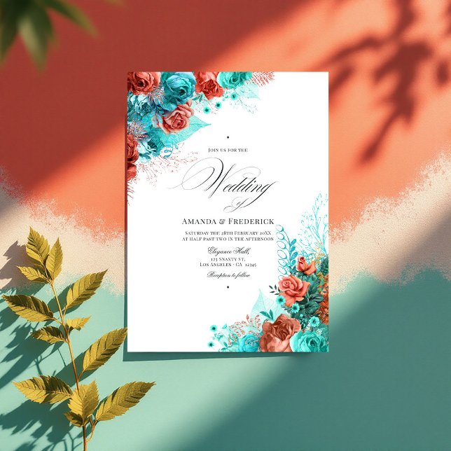 Classic Turquoise and Coral Floral Wedding Photo Invitation (Classic Turquoise and Coral Floral Wedding Photo Invitation)