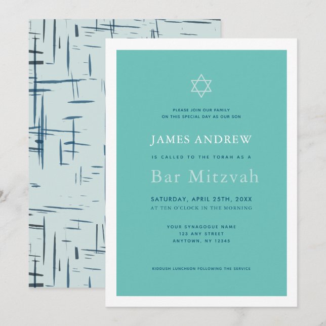 Classic Turquoise Blue Bar Mitzvah Invitation (Front/Back)