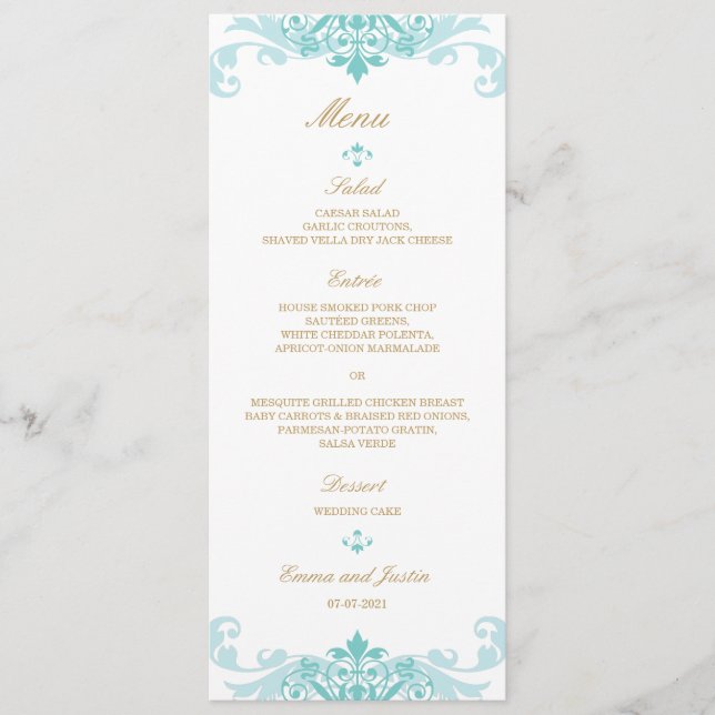 Classic Turquoise & Gold Elegant Ironworks Wedding Menu (Front)