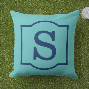 Classic Turquoise Navy Blue Custom Monogram Letter Outdoor Cushion