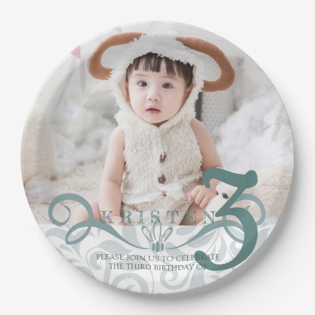 Classic turquoise photo birthday party paper plate (Front)