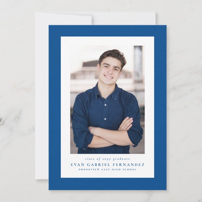 Classic tweed frame simple blue photo graduation announcement (Front)