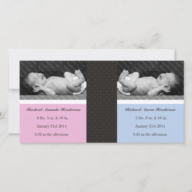 Classic Twin Girl Boy Double New Baby Photo Cards (Front)