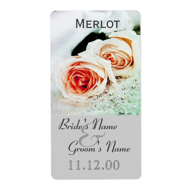 Classic two roses wedding wine bottle lable (Front)