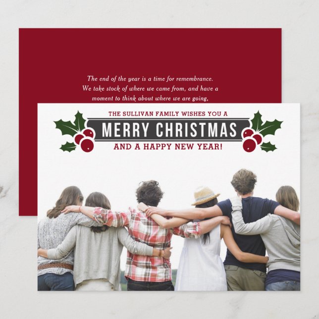 Classic Typography Label Merry Christmas Photo Holiday Card (Front/Back)