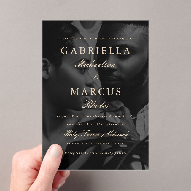 Classic Typography Overlay Photo Wedding Acrylic Invitations (Insitu (Handheld))