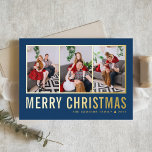 Classic Typography Photo Collage Blue Christmas Foil Holiday Card<br><div class="desc">Merry Christmas! Send your warm wishes this season with this customisable Christmas photo collage card. It features simple typography on a blue background. Personalise by adding three photos,  names,  year and other details. This modern gold foil Christmas card is available in other colours and cardstock.</div>