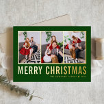 Classic Typography Photo Collage Green Christmas Foil Holiday Card<br><div class="desc">Merry Christmas! Send your warm wishes this season with this customisable Christmas photo collage card. It features simple typography on a green background. Personalise by adding three photos,  names,  year and other details. This modern gold foil Christmas card is available in other colours and cardstock.</div>
