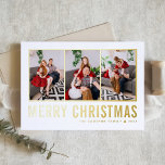 Classic Typography Photo Collage Merry Christmas Foil Holiday Card<br><div class="desc">Merry Christmas! Send your warm wishes this season with this customisable Christmas photo collage card. It features simple typography. Personalise by adding three photos,  names,  year and other details. This modern gold foil Christmas card is available in other colours and cardstock.</div>