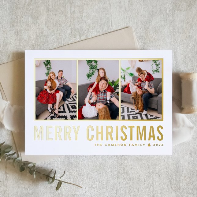 Classic Typography Photo Collage Merry Christmas Foil Holiday Card (Creator Uploaded)