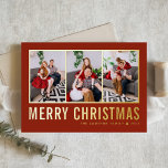 Classic Typography Photo Collage Red Christmas Foil Holiday Card<br><div class="desc">Merry Christmas! Send your warm wishes this season with this customisable Christmas photo collage card. It features simple typography. Personalise by adding three photos,  names,  year and other details. This modern gold foil Christmas card is available in other colours and cardstock.</div>