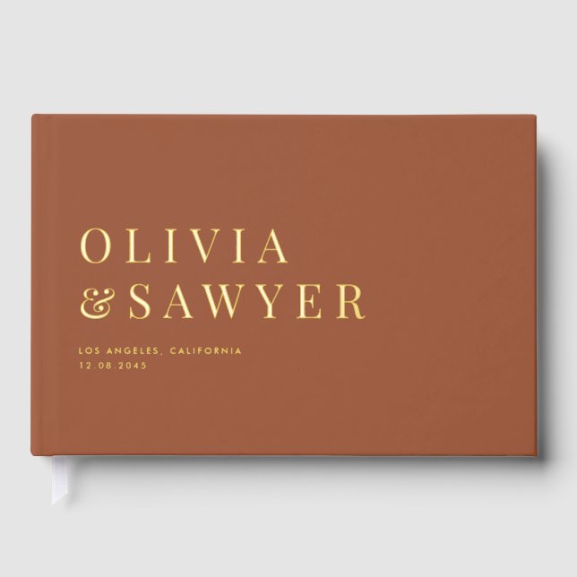 Classic Typography Terracotta Photo Wedding Guest Book (Front)