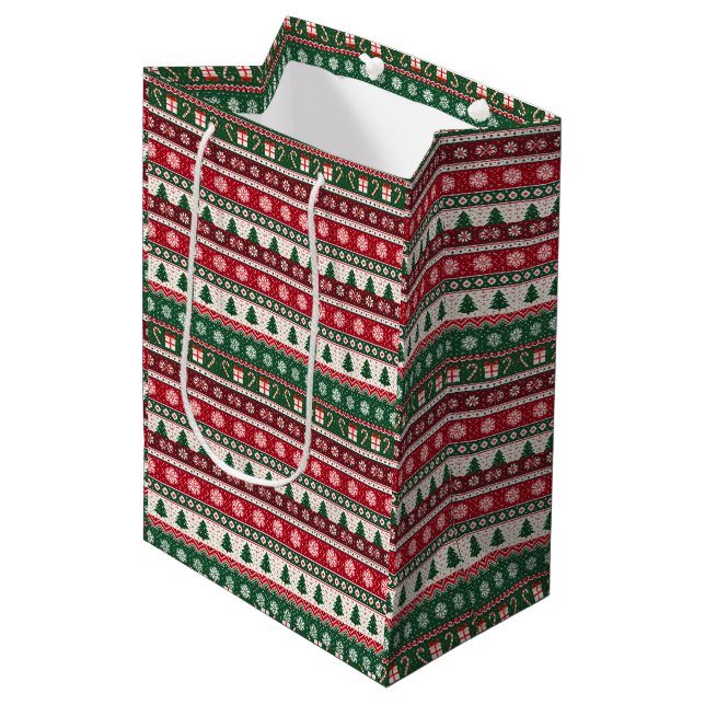 Classic Ugly Christmas Sweater Stripes Medium Gift Bag (Front Angled)