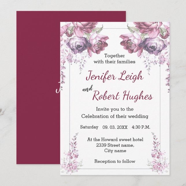 Classic Ultra violet and pink floral wedding Invitation (Front/Back)