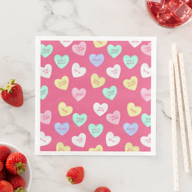 Classic Valentine's Candy Hearts on Pink Napkin (Insitu)