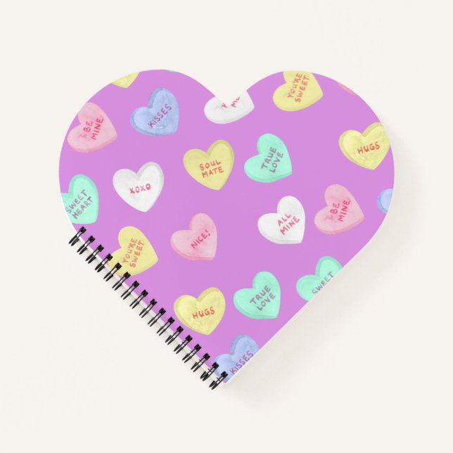 Classic Valentine's Candy Hearts on Purple Notebook (Front)