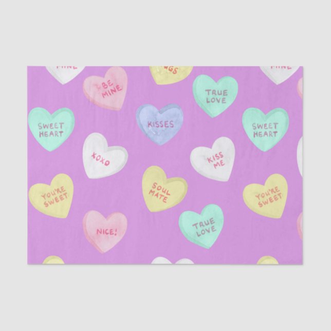 Classic Valentine's Candy Hearts on Purple Tissue Paper (Front)