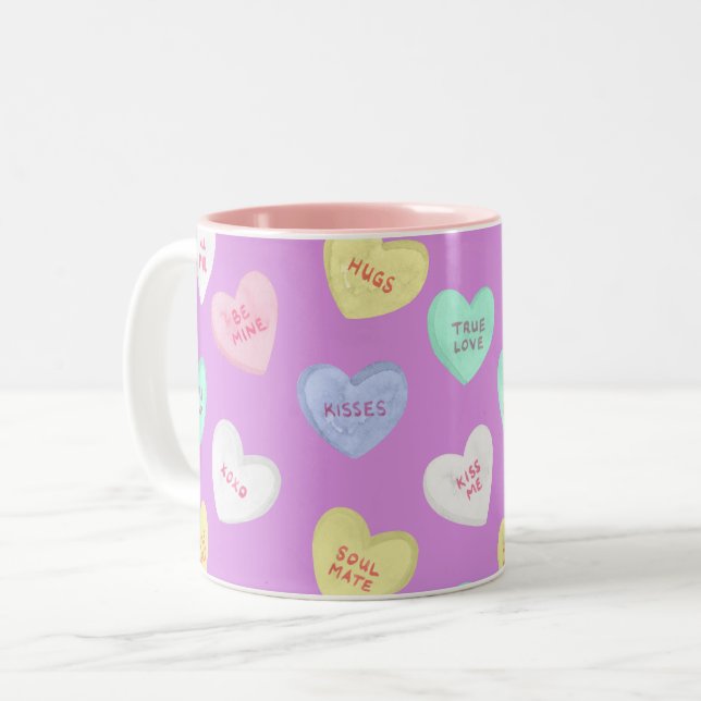 Classic Valentine's Candy Hearts on Purple Two-Tone Coffee Mug (Front Left)