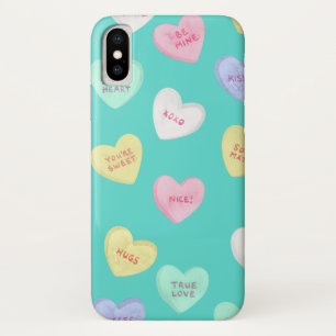 Classic Valentine's Candy Hearts on Teal iPhone X Case