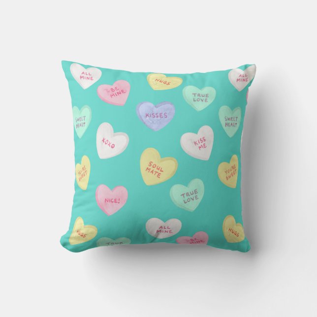 Classic Valentine's Candy Hearts on Teal Cushion (Front)